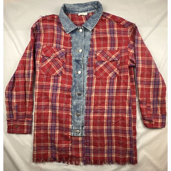 Andthewhy Tops - Andthewhy Denim Plaid Mashup Festival Shirt Small